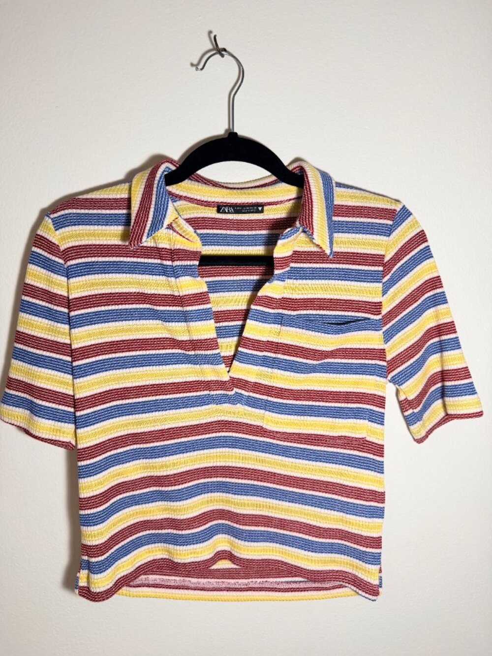 Zara Striped Knit Polo Top Retro Y2K Cropped Shirt M - Picture 2 of 5